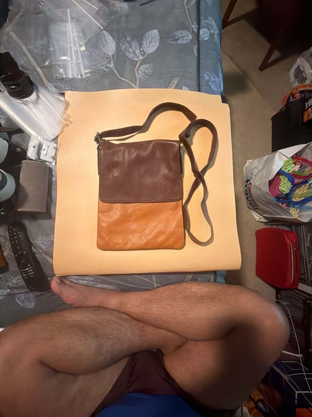 Real Italian Leather Crossbody Bag Two-Tone Brown Tan
